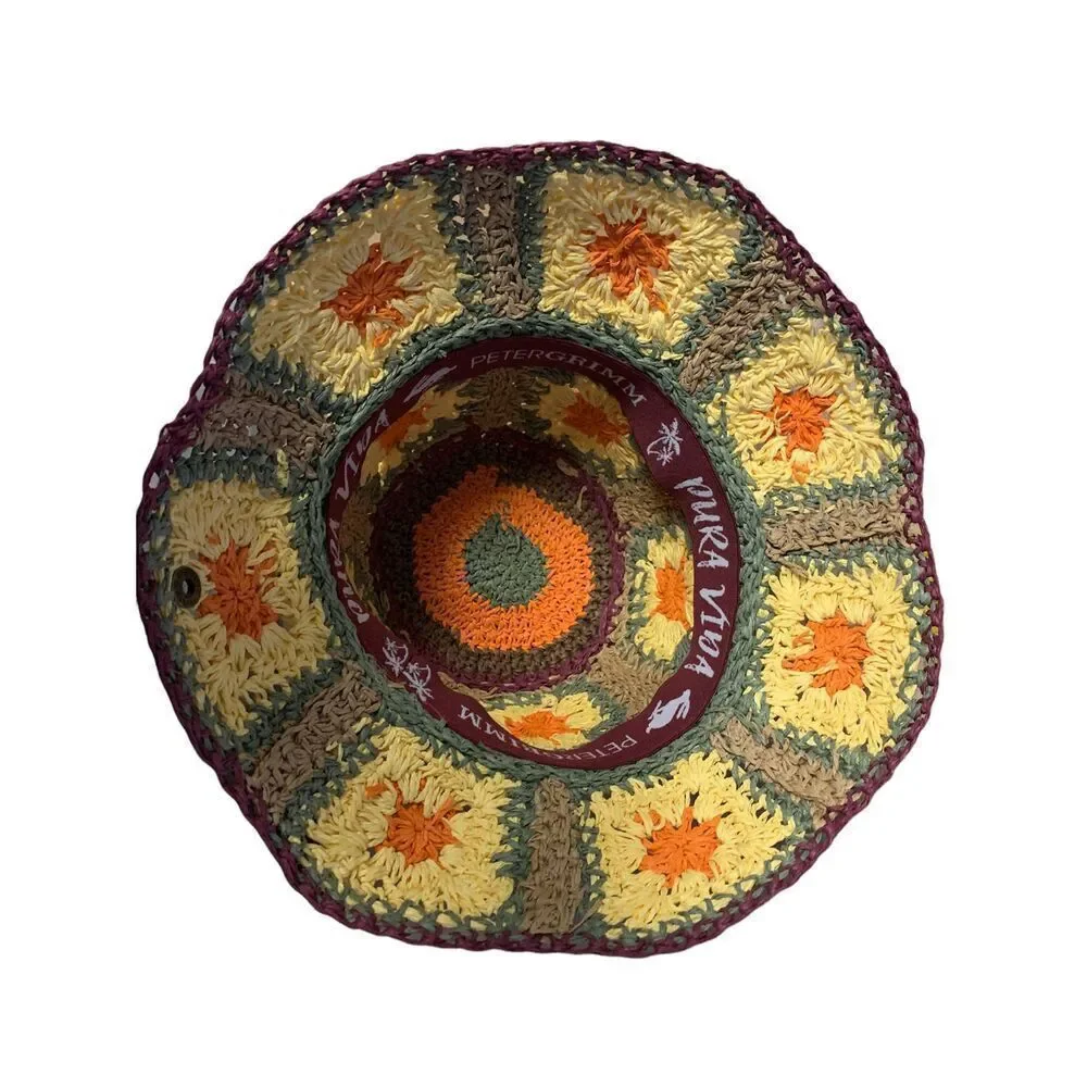 Peter Grimm Crochet Bucket Hat Granny Square Raffia UPF 50+ Packable Sun , New